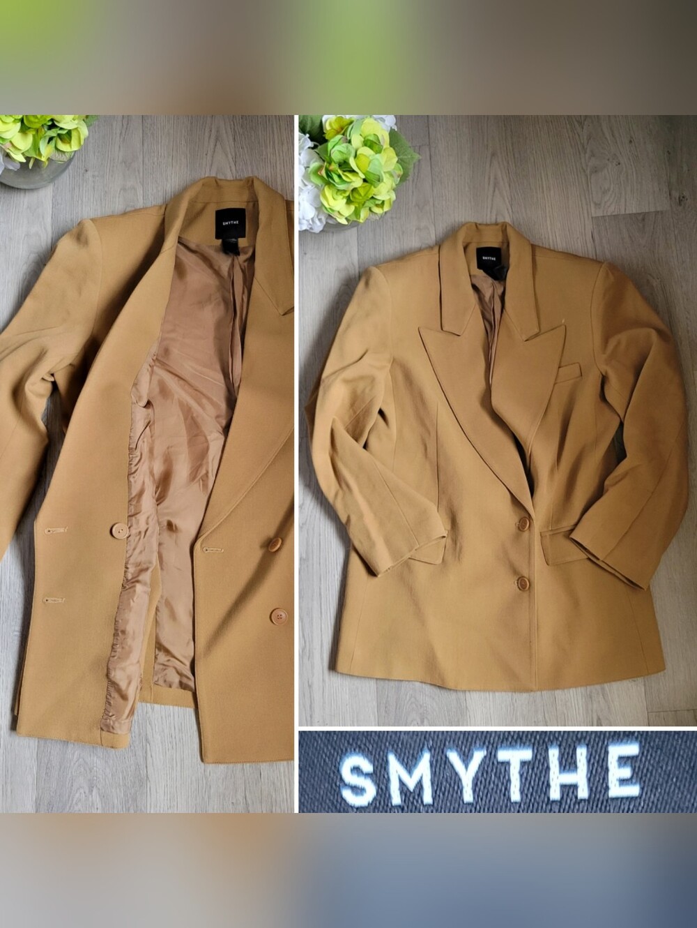 Smythe Longline  Camel Wool Blend Double-Breasted Two-Button Blazer, Women's 12